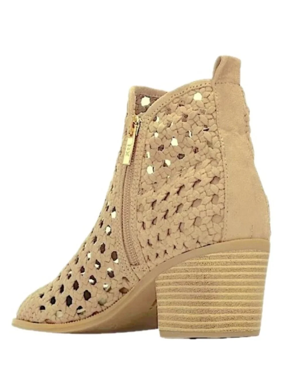 Carmela Block Heel Braided Style Ankle Booties Beige w Side Zippers Women 38 NEW